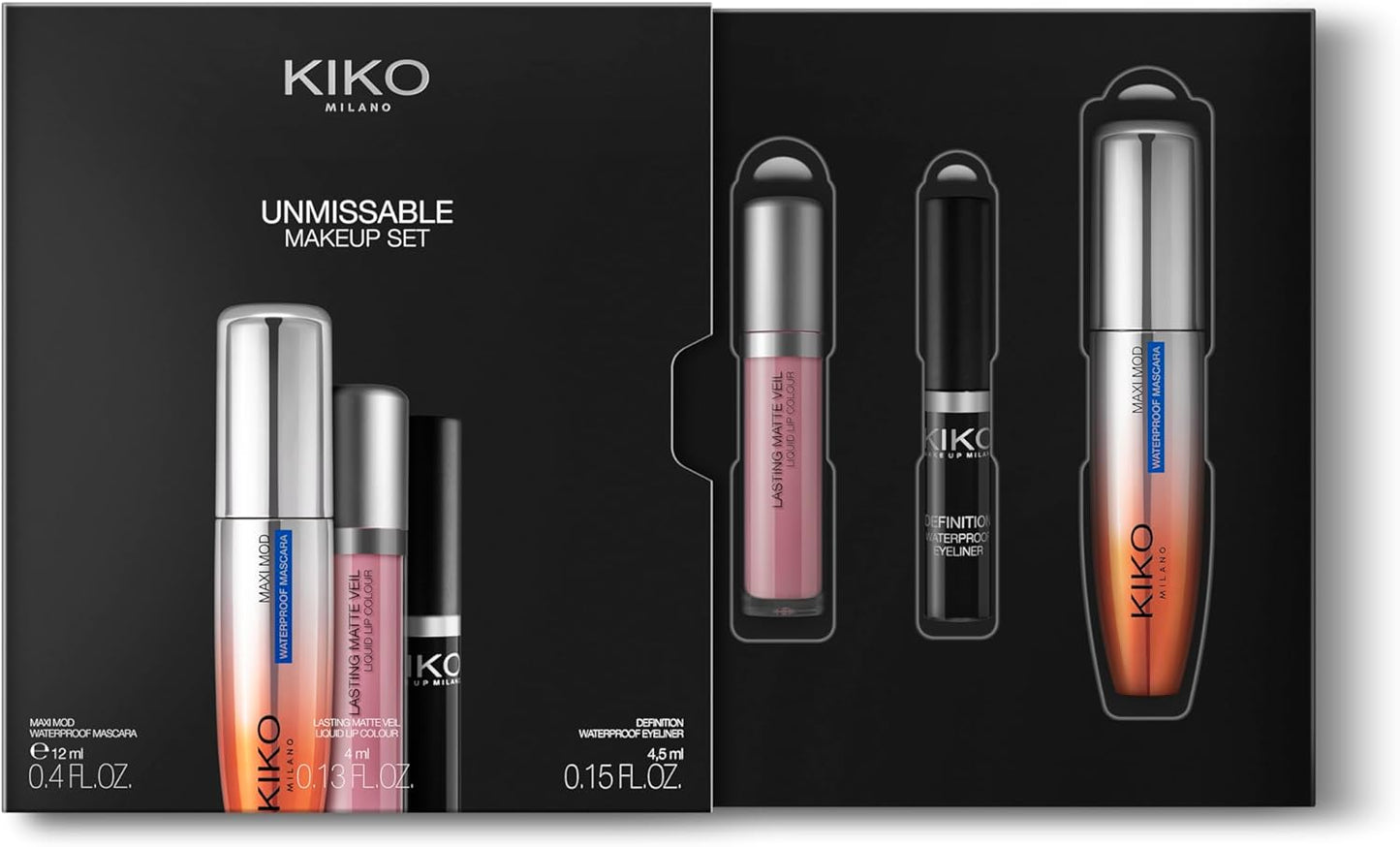 KIKO Milano Unmissable Makeup Set, Make-Up Kit With A Mascara, Waterproof Eyeliner And A Liquid Matte Lipstick