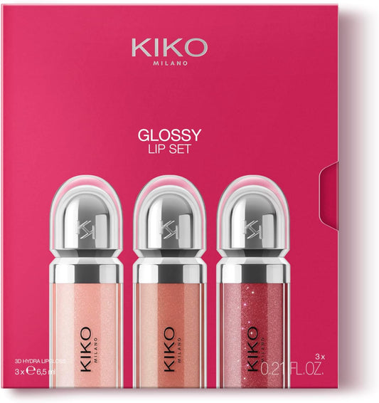 KIKO Milano Glossy Lip Set 03, Lip Kit: 3 Moisturising Lip Glosses With A Volumising 3D Effect